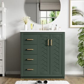 30 inch Bathroom Vanity with Ceramic Sink Combo,Solid Wood Frame Bathroom Storage Cabinet, Freestanding Vanity Set with 3 Drawers& Soft Closing Doors 