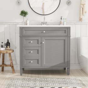 36 inch Bathroom Vanity with Top Sink, Modern Bathroom Storage Cabinet with 2 Drawers and a Tip-out Drawer, Single Sink Bathroom Vanity 