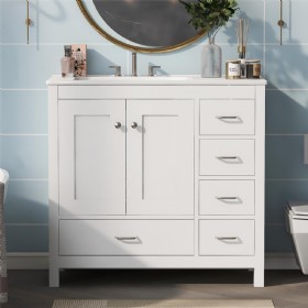 36 inch White Bathroom Vanity with Ceramic Sink Combo, Abundant Storage Cabinet -2 Soft-close doors and 5 drawers