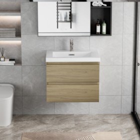30 inch Floating Bathroom Vanity with Sink, Modern Wall-Mounted Bathroom Storage Vanity Cabinet with Resin Top Basin and Soft Close Drawers, Natural Oak 