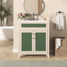 30 inch Bathroom Vanity Cabinet with Ceramic Sink Combo Set, Solid Wood Frame Modern Bathroom Storage Cabinet with Height Adjustable Shelf 