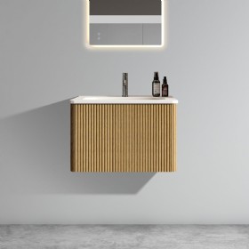 24 inch Striped Natural Oak Bathroom Vanity with White Ceramic Sink, Wall Mounted Floating Bathroom Vanity for Modern Bathroom, Pre-assembled 