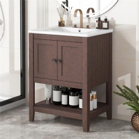 24 inch Brown Modern Sleek Bathroom Vanity Elegant Ceramic Sink with Solid Wood Frame Open Style Shelf